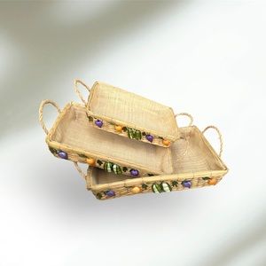 Vintage Fruit Designed Rectangular Raffia and Lined Nesting Baskets Set 3